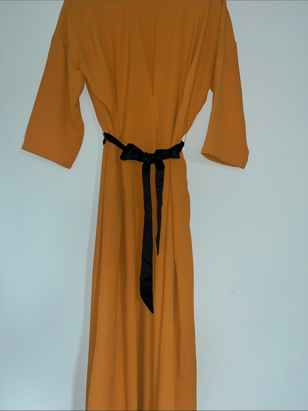 Mango Textured Yellow 3/4 Sleeve Pleated Maxi Dress Black Ribbon 
S 10